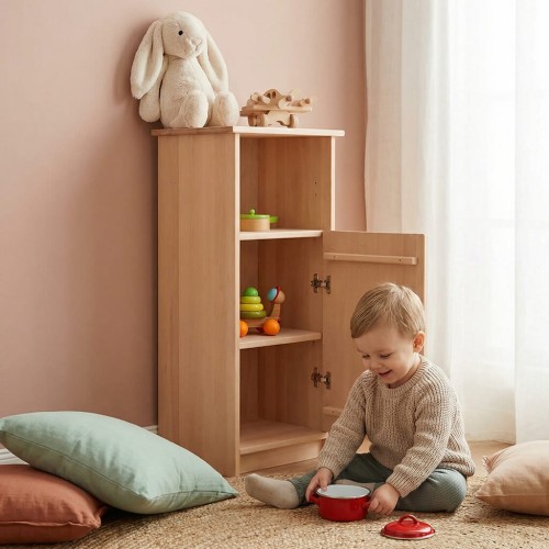 Preview: Schrank aus Buchenholz im minimalistischen Kinderzimmer mit weißem Teppich – ruhiges Spielen und übersichtlicher Stauraum