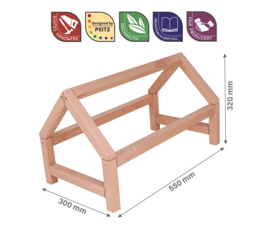 Preview: Puppenbett Dachstuhl aus Holz mit Himmel in Beige | Waldorf Puppenbett Schrägdach Preview: Puppen Dachhimmel Abmessungen