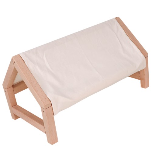 Puppenbett mit Dach / Himmel aus Holz und Stoffbezug