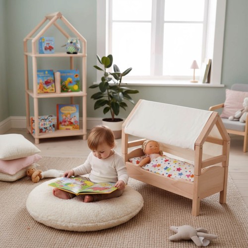 Puppenbett Set Dach Himmel - Kleinkind liest in einem Waldorf Kinderzimmer