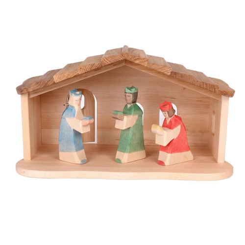 Handgefertigte Holzfiguren der Heiligen Drei Könige als Krippenzubehör