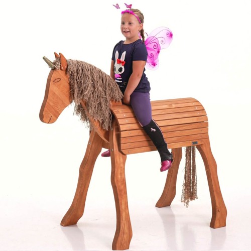 Holzpferd mit Einhorn für den Garten mit reitender Fee Elfe