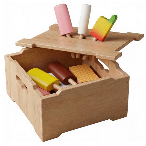 Eistruhe aus Holz für Kinder mit buntem Spieleis – Zubehör für Kaufladen und Kinderküche