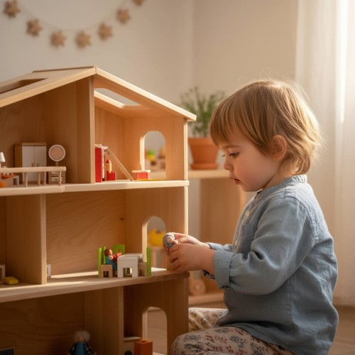Elsa Puppenhaus groß aus Buche Natur – Kind spielt konzentriert in heller Kita-Umgebung und fördert Kreativität und freies Spiel.