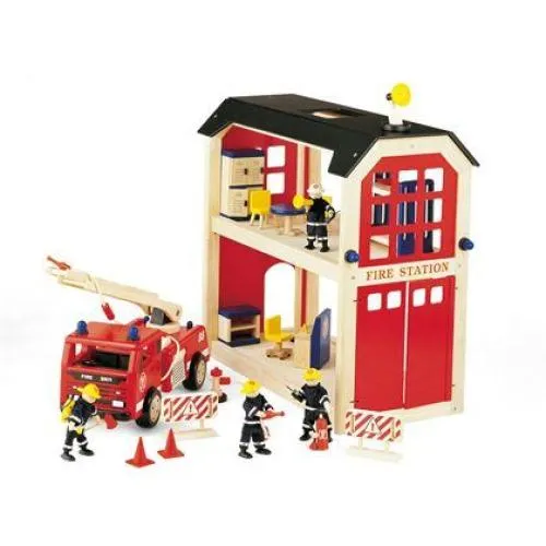 2-stöckiges Feuerwehrhaus aus Holz für Kinder mit Feuerwehrauto, Feuerwehrmännern.