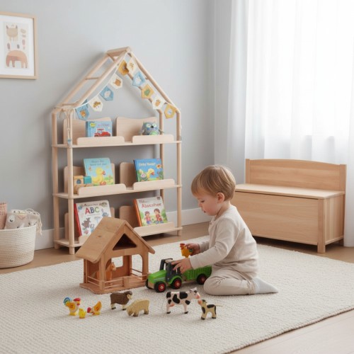 Krippenstall Bauernhof mit Heuboden Scheune aus Erle Massivholz Natur