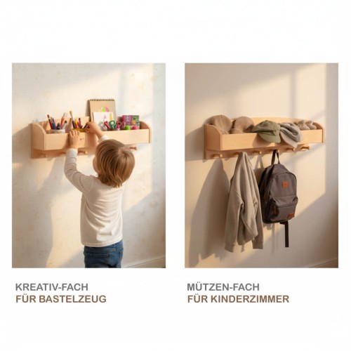Montessori Kindergarderobe in drei Szenen – Kinderzimmer, Flur, kreative Nutzung; vielseitig und langlebig aus Erlenholz.