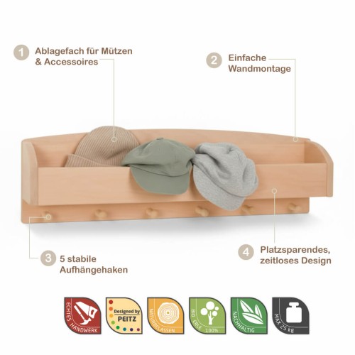 Große Kindergarderobe MILANO aus Erlenholz mit Feature-Infografik und original Holzspielzeug Peitz Gütesiegeln Handwerk, Natur, Nachhaltigkeit.