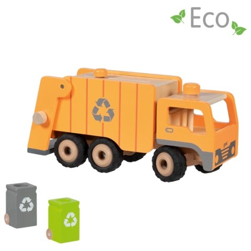 Goki Müllwagen Eco aus Holz mit grauer und grüner Mülltonne