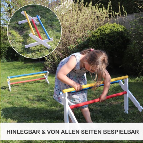 Hinlegbare Holz Hindernis Hürde – Kind legt die Hürde hin und spielt von allen Seiten, vielseitig nutzbar für Bewegung und Spiel