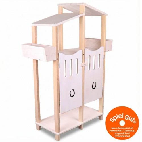 Steckenpferd Stall klein für 2 Hobby Horse aus Holz in Weiß mit Saloontür und Futterfach