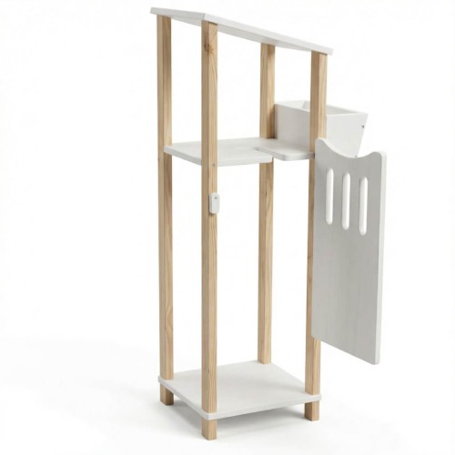 Hobby Horse Stall STALLO aus Holz in Weiß-Natur – stabiler Steckenpferd-Stall mit Ablagen und Futterbox, freigestellt auf weißem Hintergrund