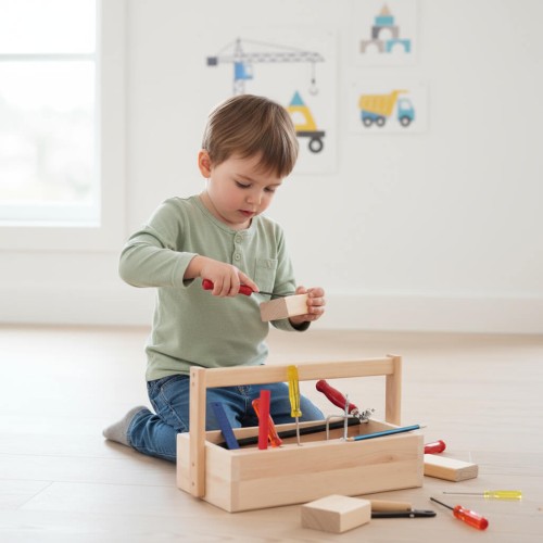 Preview: Kinder Werkzeugkasten FREDDY aus Holz | Kinderwerkbank Zubehör | 4018 Preview: Ein Kind arbeitet konzentriert mit dem Kinder Werkzeugkasten FREDDY aus Holz und schnitzt sicher an einem Holzklotz.
