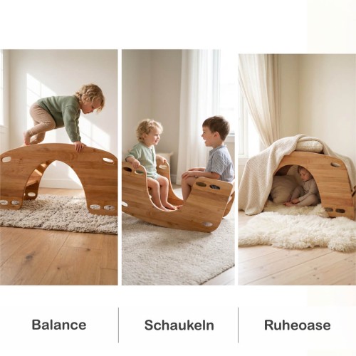Multifunktionale Nutzung der Holz Wippe als Kletterbrücke, Wippe und Höhle