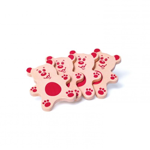 Drei hölzerne Wurstscheiben in Bärenform von Erzi