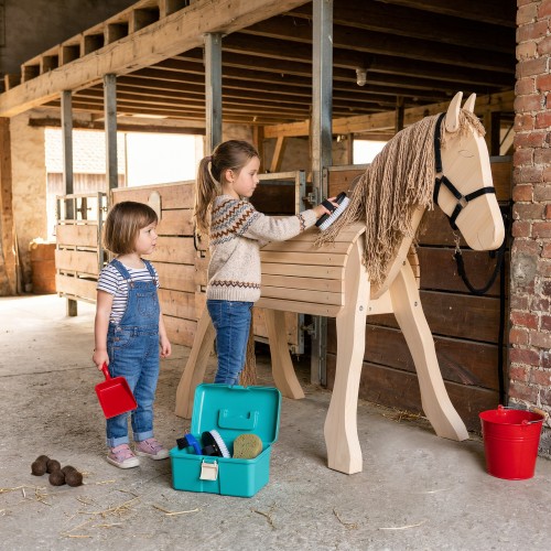 Holzpferd im Stall geputzt