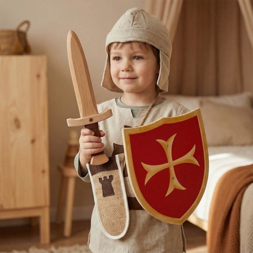 Kind im Ritterkostüm hält Holzschwert mit Schwertscheide und Holzschild aus Holz
