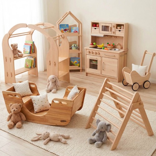 Minimalistisches Kinderzimmer mit Holzspielzeug Set und Schiffschaukel als Hauptprodukt