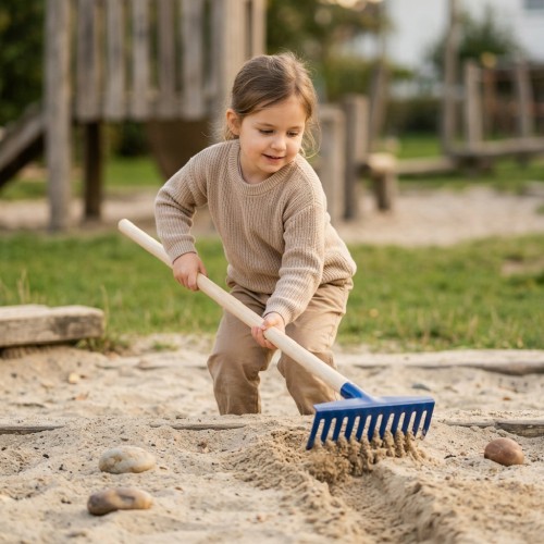 Blauer Kinder-Rechen aus Metall mit Holzstiel Metallrechen für Kinder mit zehn Zinken Gartenwerkzeug Kinder roter Rechen