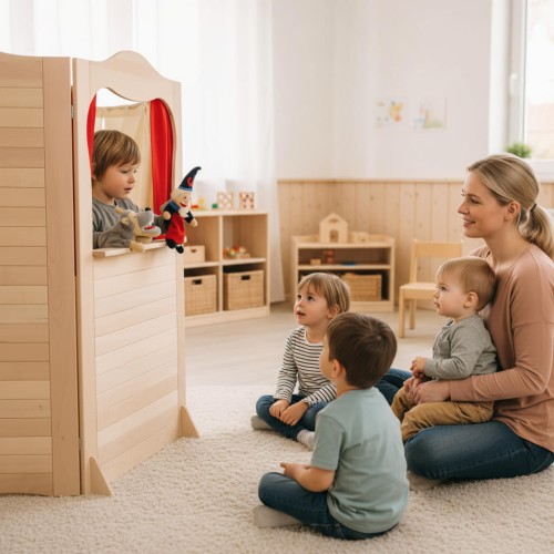 Holz Kasperletheater FINN in hellem Kita-Raum – Kind konzentriert beim Puppenspiel, pädagogisch wertvoll