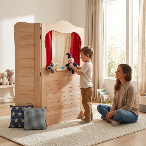 Kind spielt mit Kasperletheater aus Holz während Mutter zuschaut im Kinderzimmer