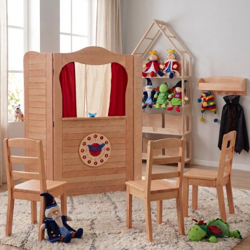 Kasperletheater im Kinderzimmer integriert mit Möbeln Puppen und Spielwelt