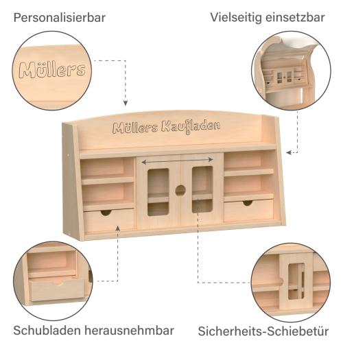 Kaufladen Einsatz - mit vielen Besonderheiten - Personalisierbar + Schiebetür + Schubladen + vielseitig einsetzbar