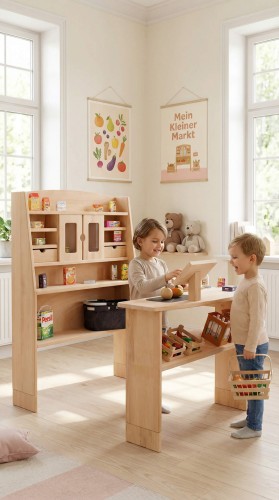 Preview: Kaufladen Emma in Massivholz - Spielende Kinder im kindlichen Rollenspiel
