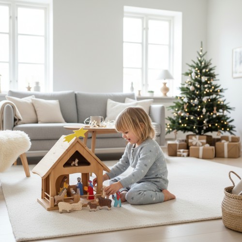 Krippenstall Bauernhof mit Heuboden Scheune aus Erle Massivholz Natur