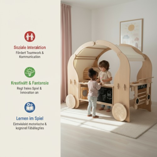 Preview: Kinder Foodtruck TACO Set mit Spielständer BEN und Regal LENA Preview: Kinder Foodtruck aus Holz mit Infografik in Peitz-Logo-Farben, drei Kinder spielen Verkäufer und Kunde, kein Pfeil-Design.