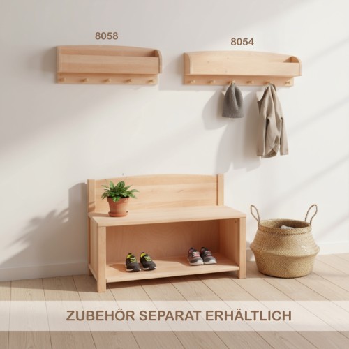 Kinder Sitzbank SIDNEY mit kleiner und großer Garderobe aus Erlenholz im warmen Familienflur, harmonisches Möbel-Set im Holzspielzeug Peitz Stil.