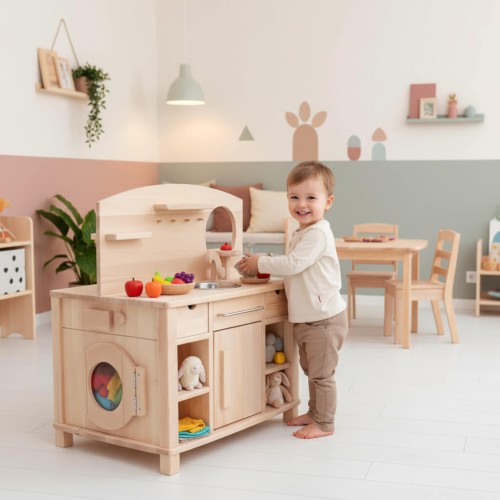 Preview: Kinderküche CINDERELLA in weiß U3 Kita Modell mit 4 Edelstahlgriffen aus Buche Massivholz beidseitig bespielbar mit vielen Funktionen & 3-fach höhenverstellbar Preview: Kleinkind lächelt beim Kochen und Abwaschen vor der Kinderküche Cinderella