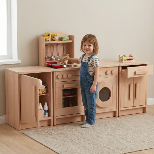 Kind spielt an einer Montessori Kinderküchenzeile aus Holz, fördert Rollenspiel und Selbstständigkeit