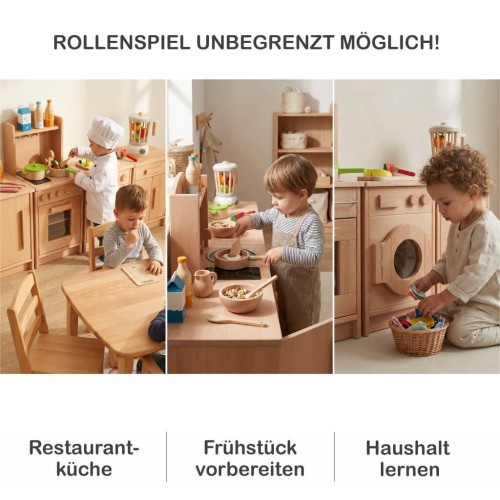 Multifunktionale Kinderküchenzeile mit Waschmaschine, Kühlschrank und Kochbereich aus Holz