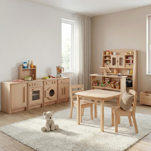 Kinder Küchenzeile aus Holz harmonisch integriert in Kinderzimmer oder Kita-Raum