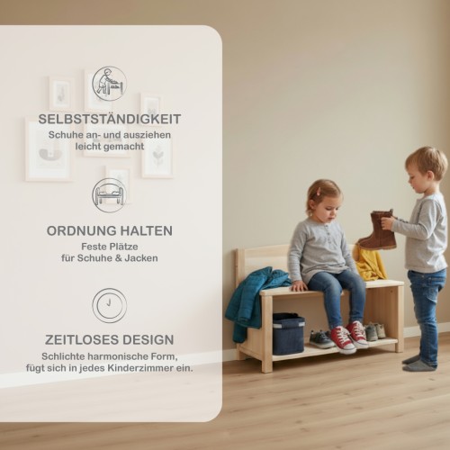 Preview: Kinder Sitzbank SIDNEY aus Erlenholz in Garderobe mit zwei Kindern und Infografik in Peitz-Farben und Icons.