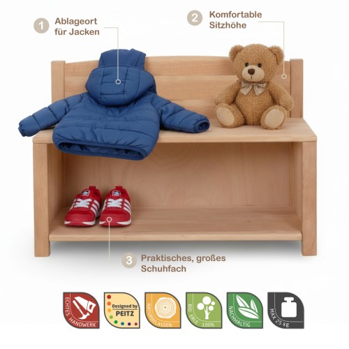 Preview: Kinder Sitzbank SIDNEY mit Schuhfach aus massivem Erlenholz | Kita Schuhschrank mit Sitzbank Preview: Kinder Sitzbank SIDNEY aus Erlenholz, exakt wie im Referenzbild, mit beschrifteten Funktions-Features.