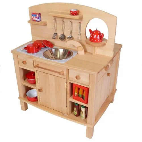 solide Kinder-Spiel-Küche 4-seitig bespielbar - natürlich - aus massivem Buchenholz, stabil und robust im Aufbau, hochwertige Verarbeitung, ökologisch wertvoll - vielseitig einsetzbar - langlebig