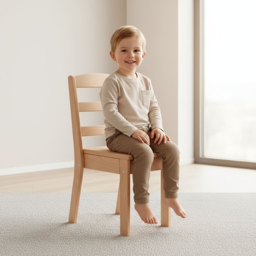 Preview: Kinderstuhl Weiß Natur stapelbar aus Buche Massivholz klein ab 3 jahre mit Rückenlehne Preview: Stuhl aus Massivholz für Kinder zum Sitzen