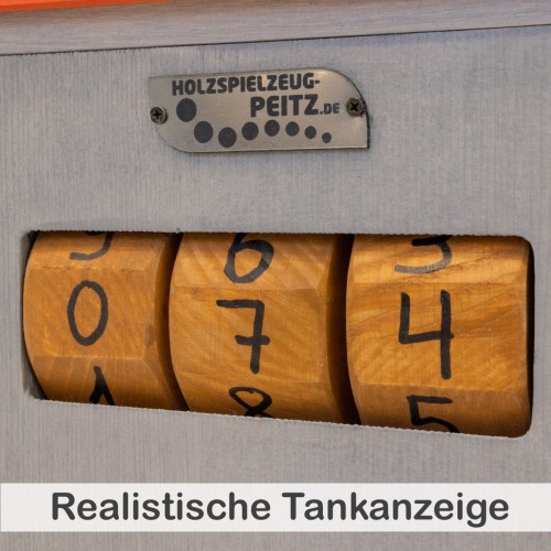 Kinder Tankstelle mit realistischer Tankanzeige aus Holz