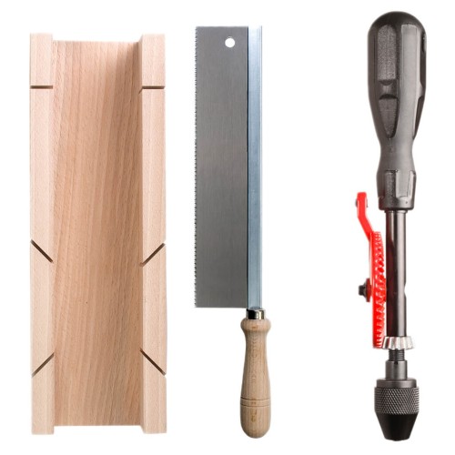 Kinderwerkzeug Set bestehend aus Handbohrmaschine und Gehrungsschneidlade mit Säge