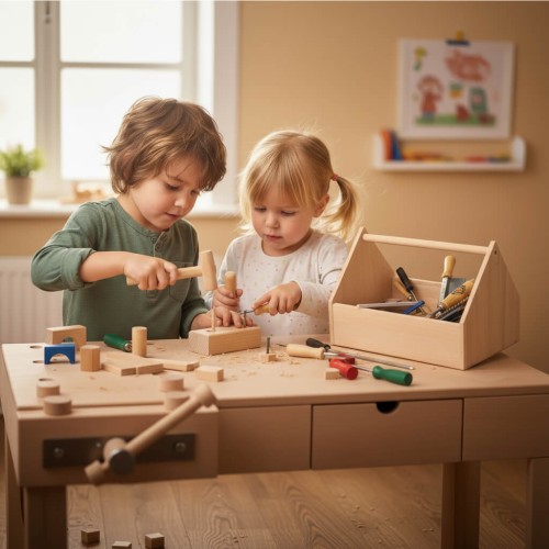 Preview: Kinder Werkzeugkasten JIMMY groß aus Massivholz Natur - Werkzeugkiste für Kinder personalisiert Preview: Kinder spielen gemeinsam mit der Holzspielzeug Peitz Werkbank in der Kita – pädagogisch wertvoll, aus massivem Buchenholz und ideal für Montessori und Waldorf Lernen