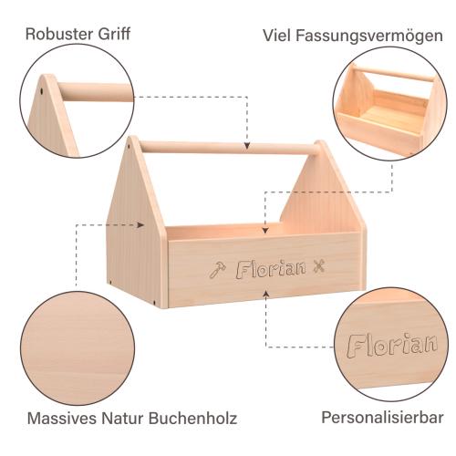 Kinder Werkzeugkasten aus Holz - mit Features - Haltegriff, Stauraum, Natur Buchenholz, personalisierbar