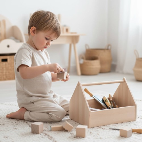 Preview: Kinder Werkzeugkasten JIMMY groß aus Massivholz Natur - Werkzeugkiste für Kinder personalisiert Preview: Kind spielt begeistert mit Kinder Werkzeugkasten im skandinavischen Kinderzimmer – fördert Kreativität