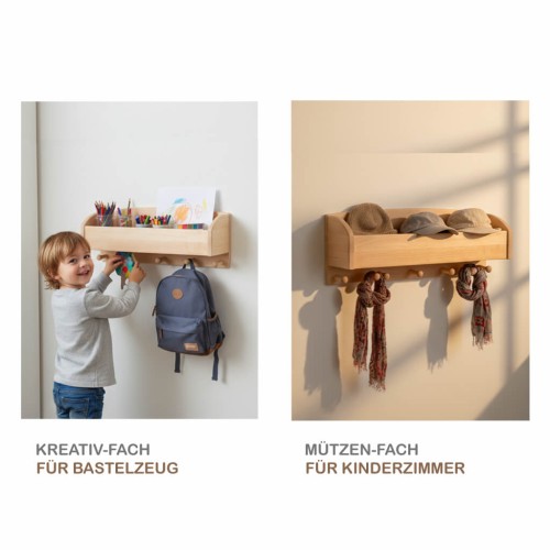Kindergarderobe Holz. Zweigeteiltes Bild zeigt die Garderobe als Nachttisch-Ersatz und als Kreativ-Fach für Bastelmaterial. Kindergarderobe Holz. Zweigeteiltes Bild zeigt die Garderobe als Nachttisch-Ersatz und als Kreativ-Fach für Bastelmaterial.