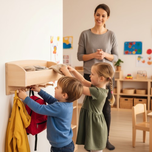 Montessori Garderobe: Pädagogische Szene der Kindergarderobe in der Kita. Zwei Kinder nutzen selbstständig die Garderobe, die Ablage enthält Mützen. Erzieherin im Hintergrund. Montessori Garderobe: Pädagogische Szene der Kindergarderobe in der Kita. Zwei Kinder nutzen selbstständig die Garderobe, die Ablage enthält Mützen. Erzieherin im Hintergrund.