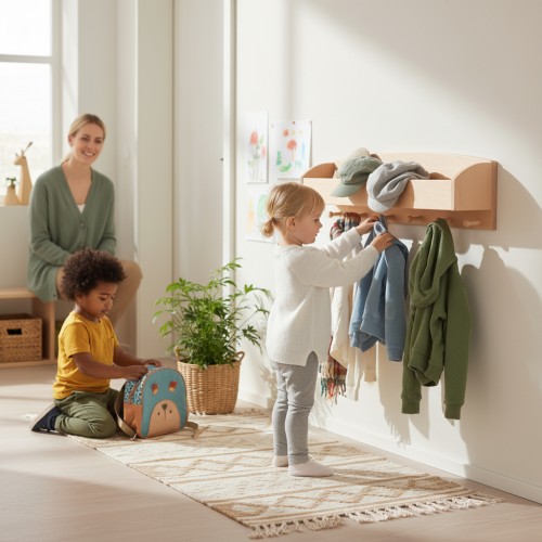 Zwei Kinder im Kindergarten hängen Jacke und Rucksack an die Garderobe aus Erlenholz, während eine Erzieherin im Hintergrund freundlich aufpasst – geordnete, helle Lernumgebung.