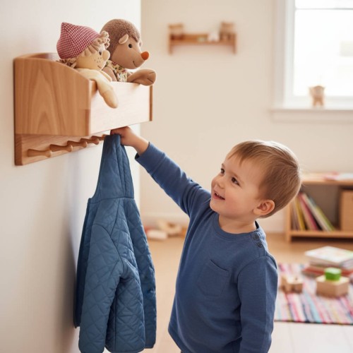 Preview: Kleine Kindergarderobe PORTO mit Ablagefach für Mützen aus Holz personalisierbar Preview: Kindergarderobe Holz. Kind hängt selbstständig seine Jacke an die Garderobe, die Ablage ist mit Stofftieren gefüllt.