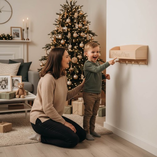 Weihnachtsszene mit Mutter und Kind, die sich über eine personalisierte Garderobe freuen; Produkt hängt an der Wand, Gravur gut lesbar, Weihnachtsbaum daneben. Weihnachtsszene mit Mutter und Kind, die sich über eine personalisierte Garderobe freuen; Produkt hängt an der Wand, Gravur gut lesbar, Weihnachtsbaum daneben.