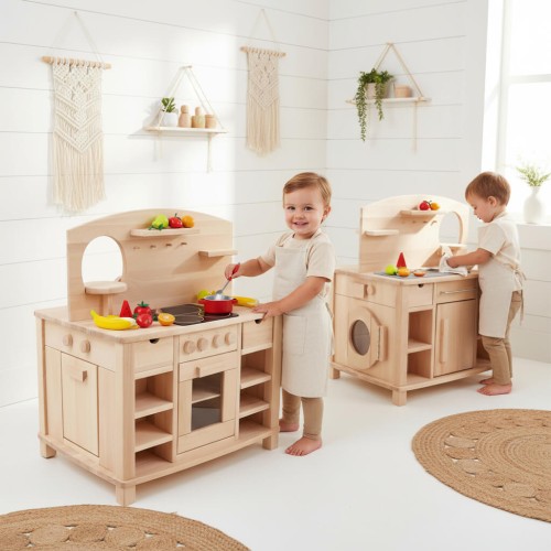 Preview: Kinderküche CINDERELLA in weiß U3 Kita Modell mit 4 Edelstahlgriffen aus Buche Massivholz beidseitig bespielbar mit vielen Funktionen & 3-fach höhenverstellbar Preview: Kinderküche beidseitig bespielbar - Zwillinge spielen jeweils mit einer Kinderküche - abwaschen, abtrocknen